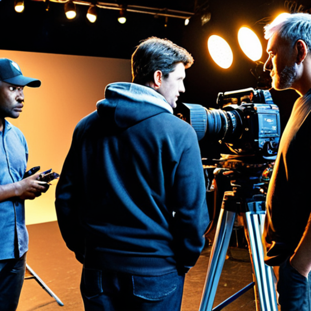 On-Set Collaboration**

"A diverse film crew working collaboratively on a movie set. The director, cinematographer, and actors are engaged in a discussion, all fully clothed in appropriate attire. Camera equipment and lighting are visible in the background. Bright, professional lighting. Safe for work, appropriate content, modest, professional photography, perfect anatomy, natural proportions, well-formed hands, proper finger count."

**