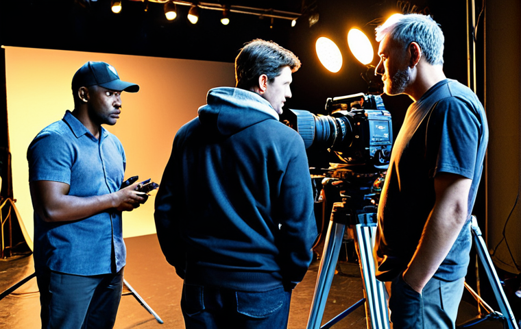 On-Set Collaboration**

"A diverse film crew working collaboratively on a movie set. The director, cinematographer, and actors are engaged in a discussion, all fully clothed in appropriate attire. Camera equipment and lighting are visible in the background. Bright, professional lighting. Safe for work, appropriate content, modest, professional photography, perfect anatomy, natural proportions, well-formed hands, proper finger count."

**