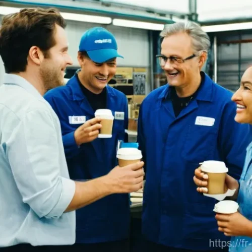 촬영 현장의 팀 빌딩 노하우 - **Prompt: Morning Brew & Shared Visions**
    A diverse and professional film crew, comprising men a...