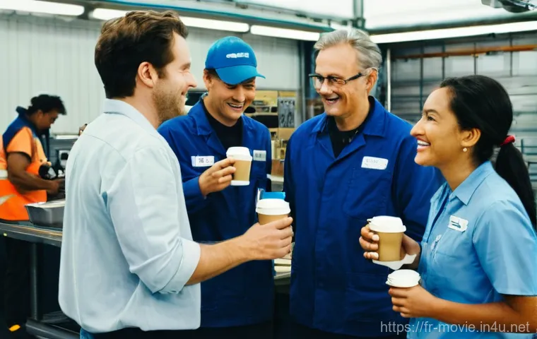 촬영 현장의 팀 빌딩 노하우 - **Prompt: Morning Brew & Shared Visions**
    A diverse and professional film crew, comprising men a...