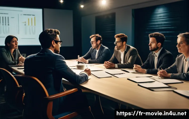 영화 제작사에서 일하는 노하우 - **Prompt: Film Project Pitch Session - Early Stage Development**
    "A vibrant, modern meeting room...