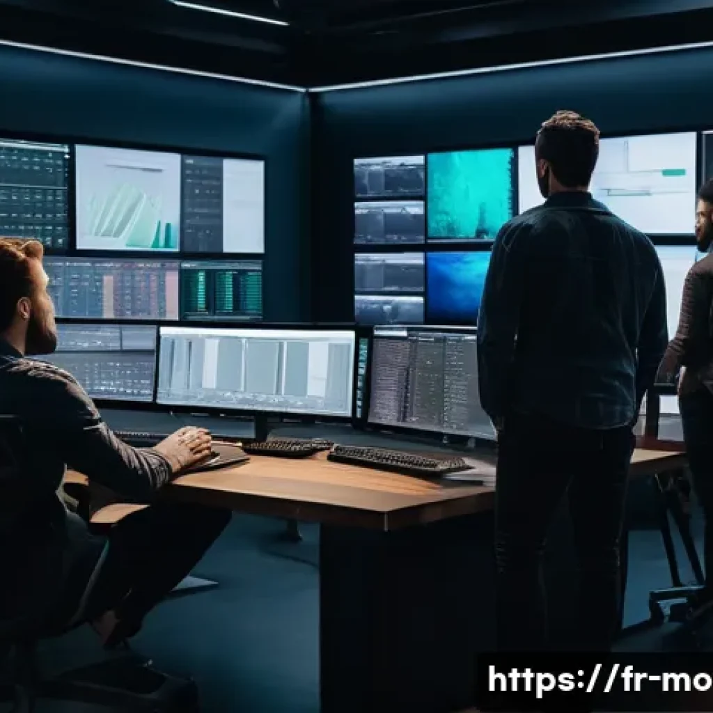 영화 후반 작업 일정 관리 - A modern post-production studio scene showing a diverse team of professionals including editors, sou...