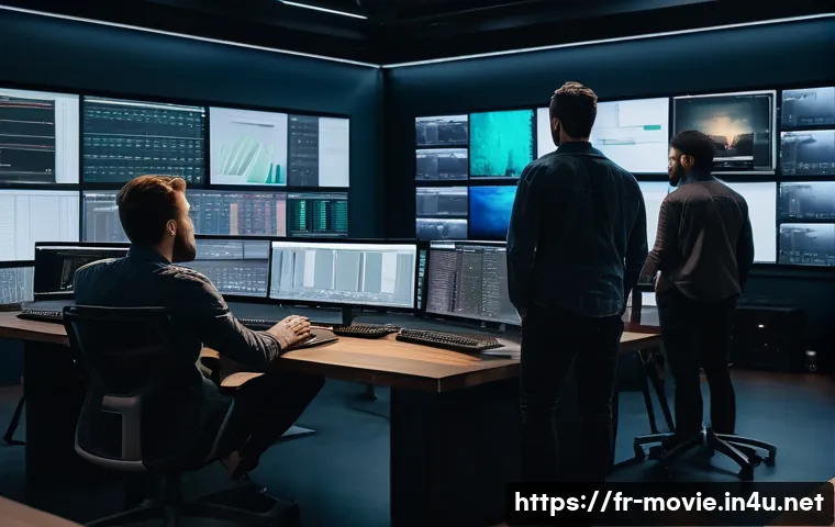 영화 후반 작업 일정 관리 - A modern post-production studio scene showing a diverse team of professionals including editors, sou...