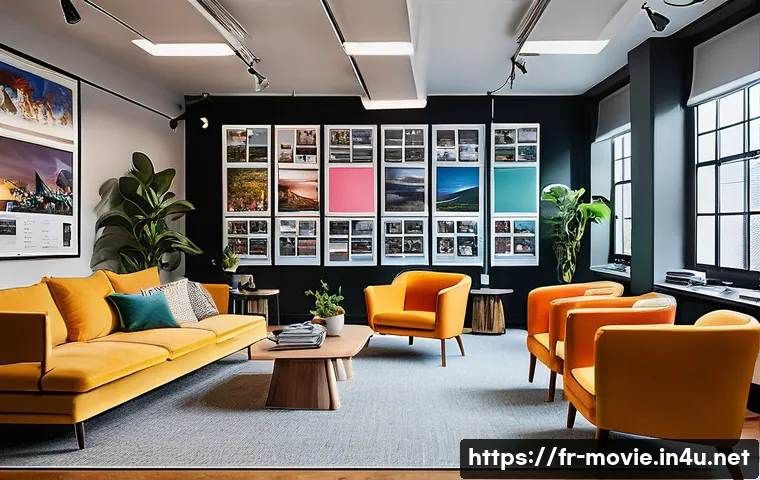 영화 제작사에서 일하기 좋은 환경 - A vibrant film production office bustling with diverse creative professionals collaborating openly a...