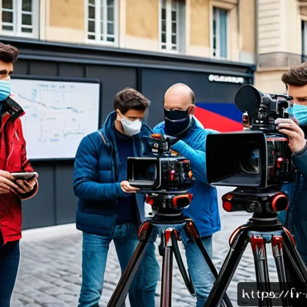 촬영현장의 문제 해결 경험담 - A professional film set during daytime in a French urban environment, showcasing a flexible shooting...