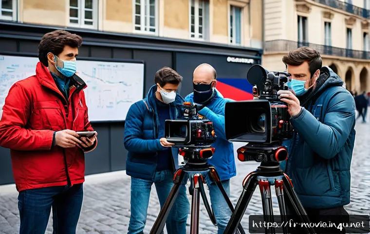 촬영현장의 문제 해결 경험담 - A professional film set during daytime in a French urban environment, showcasing a flexible shooting...