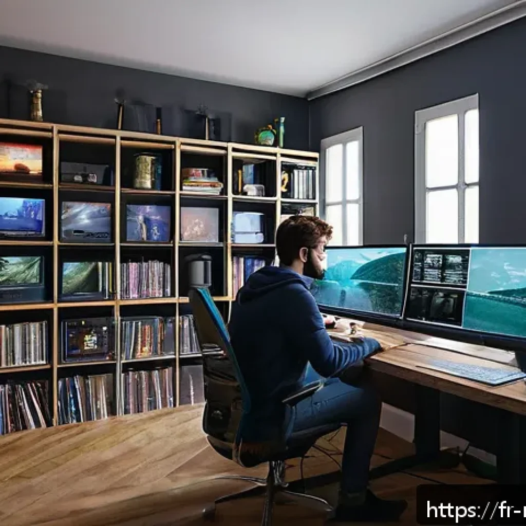 영화 특수효과 전문가 되는 법 - A modern digital effects studio workspace set in Paris, featuring a young French VFX artist working ...