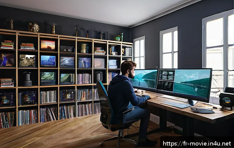 영화 특수효과 전문가 되는 법 - A modern digital effects studio workspace set in Paris, featuring a young French VFX artist working ...