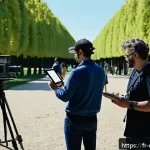 촬영 현장의 예기치 못한 문제들 - A professional film crew on an outdoor set in a European city park, meticulously reviewing a detaile...