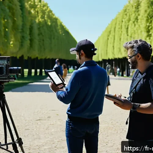 촬영 현장의 예기치 못한 문제들 - A professional film crew on an outdoor set in a European city park, meticulously reviewing a detaile...