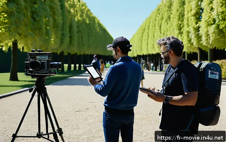 촬영 현장의 예기치 못한 문제들 - A professional film crew on an outdoor set in a European city park, meticulously reviewing a detaile...