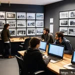 영화 제작 인턴십 지원 팁 - A bustling independent film production office in Paris, featuring a diverse team of young profession...