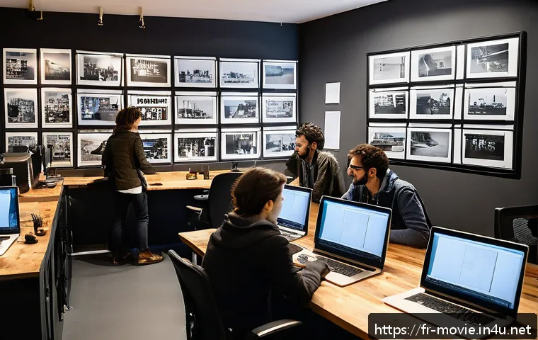 영화 제작 인턴십 지원 팁 - A bustling independent film production office in Paris, featuring a diverse team of young profession...