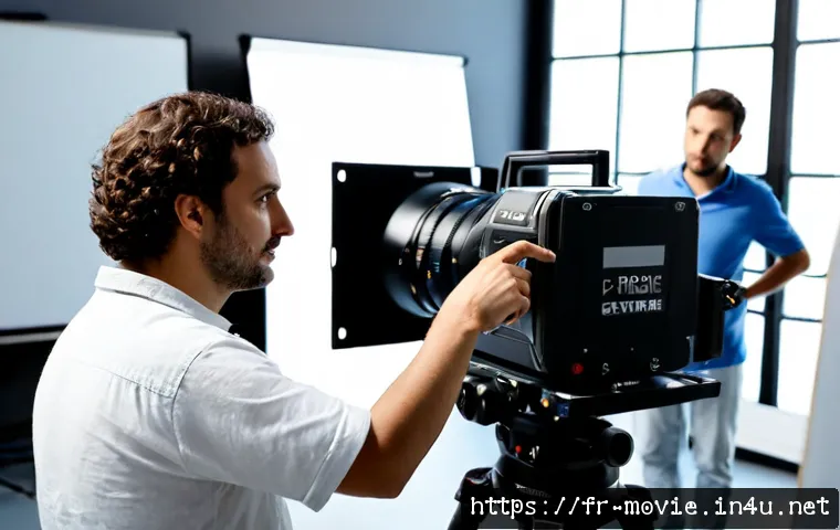 영화 제작 현장에서의 갈등 해결 - Photorealistic French film production set in a Paris studio, calm director, cinematographer, and pro...