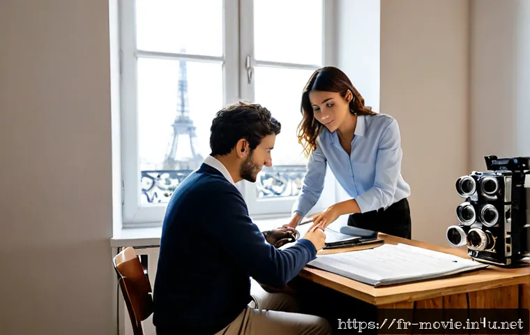 영화 제작사 인사 담당자의 팁 - Photorealistic French film production office in Paris, approachable human resources manager in smart...